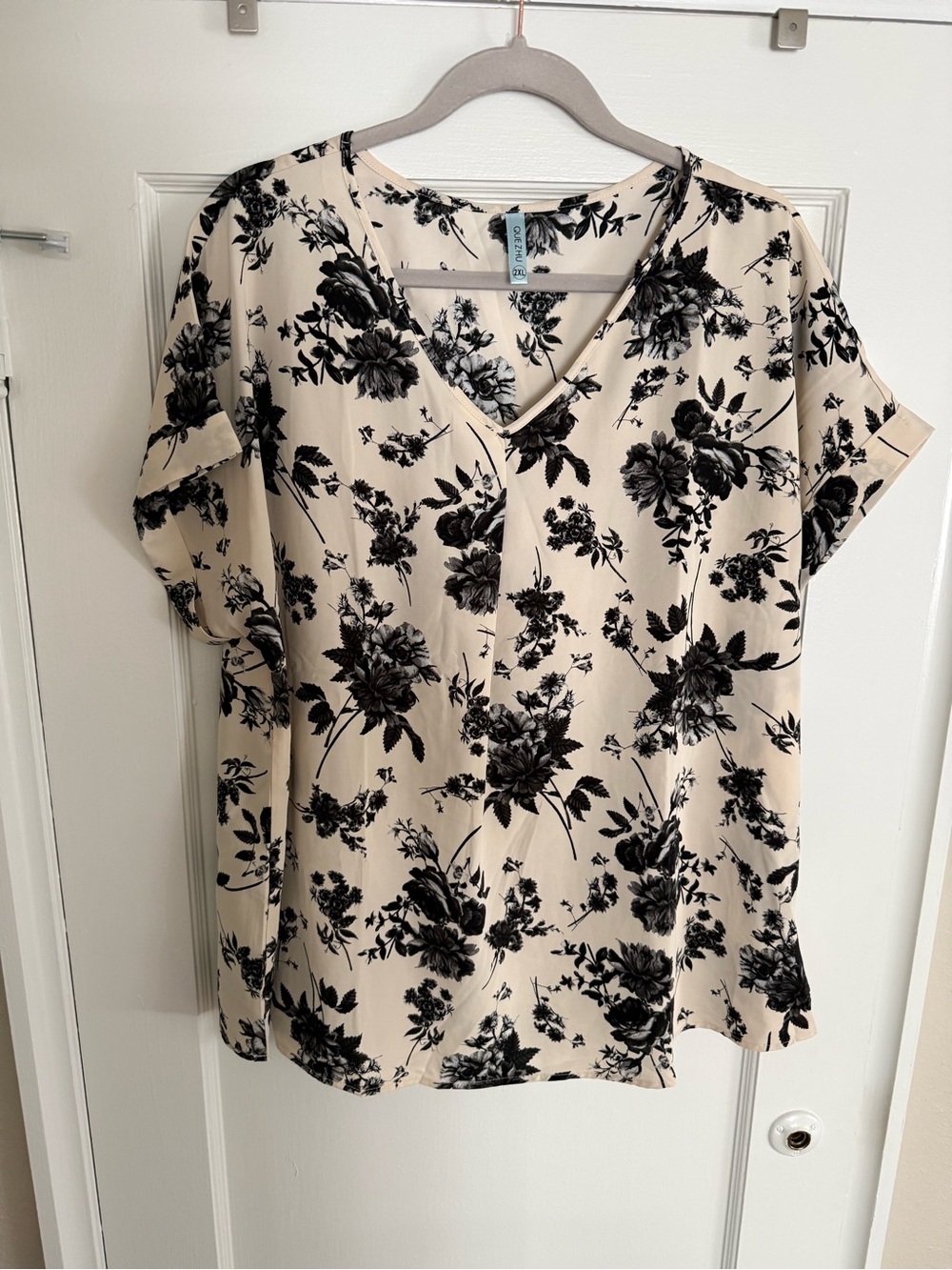 Women's V-Neck Floral Blouse - Cream with Black Floral Print